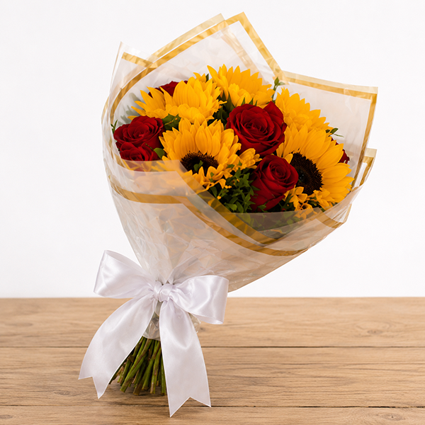 Buqu� Mix Girassol e Rosas Vermelhas