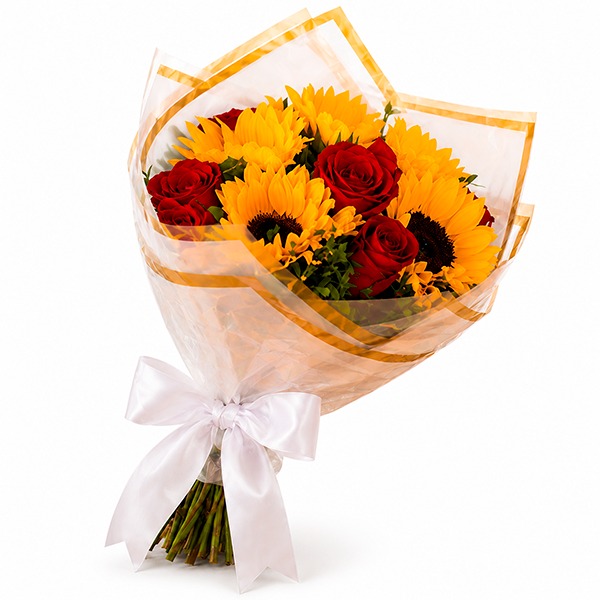 Buqu� Mix Girassol e Rosas Vermelhas