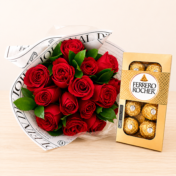 Buqu� com 15 Rosas e Ferrero