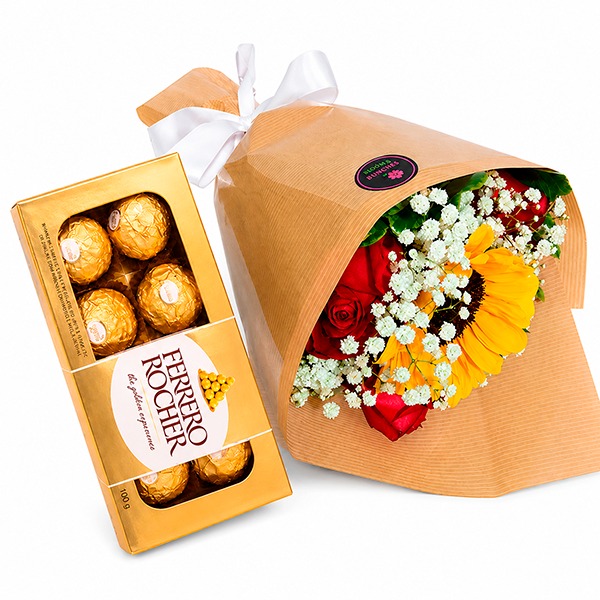 Buqu� com Rosas e Girassol com Ferrero
