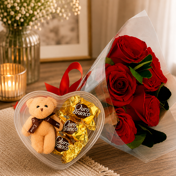 Arranjo com Rosas Pel�cia e Ouro Branco