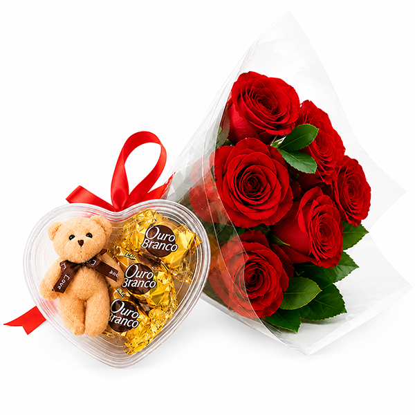 Arranjo com Rosas Pel�cia e Ouro Branco