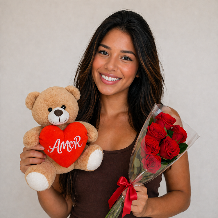 Buqu� de Rosas e Urso Cora��o