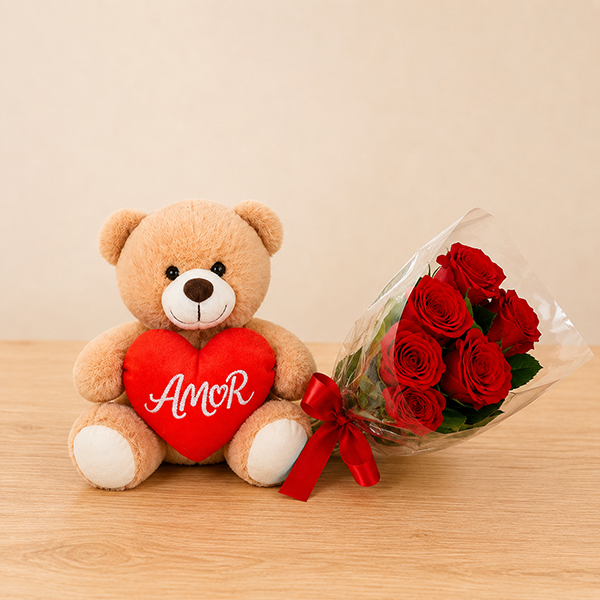 Buqu� de Rosas e Urso Cora��o