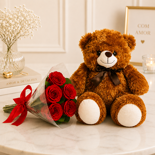 Buqu� de Rosas e Urso Caramelo