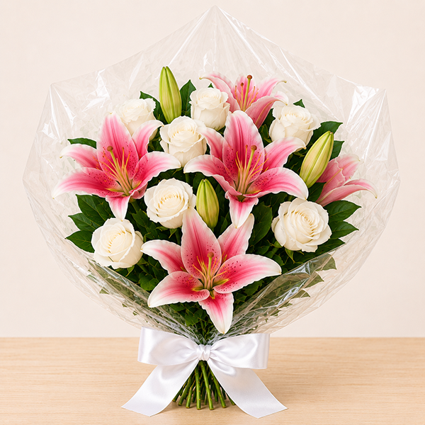 Buqu� de L�rios Rosado e Rosas Brancas