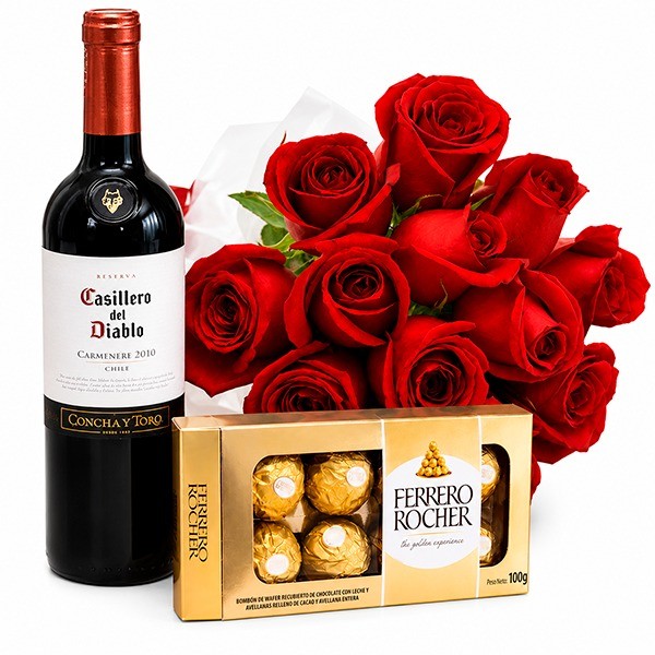 Kit Amor com Rosas, Vinho e Ferrero